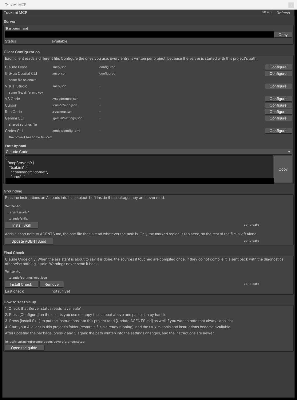 インストールを終えたところ。Grounding と Final Check が up to date になっている