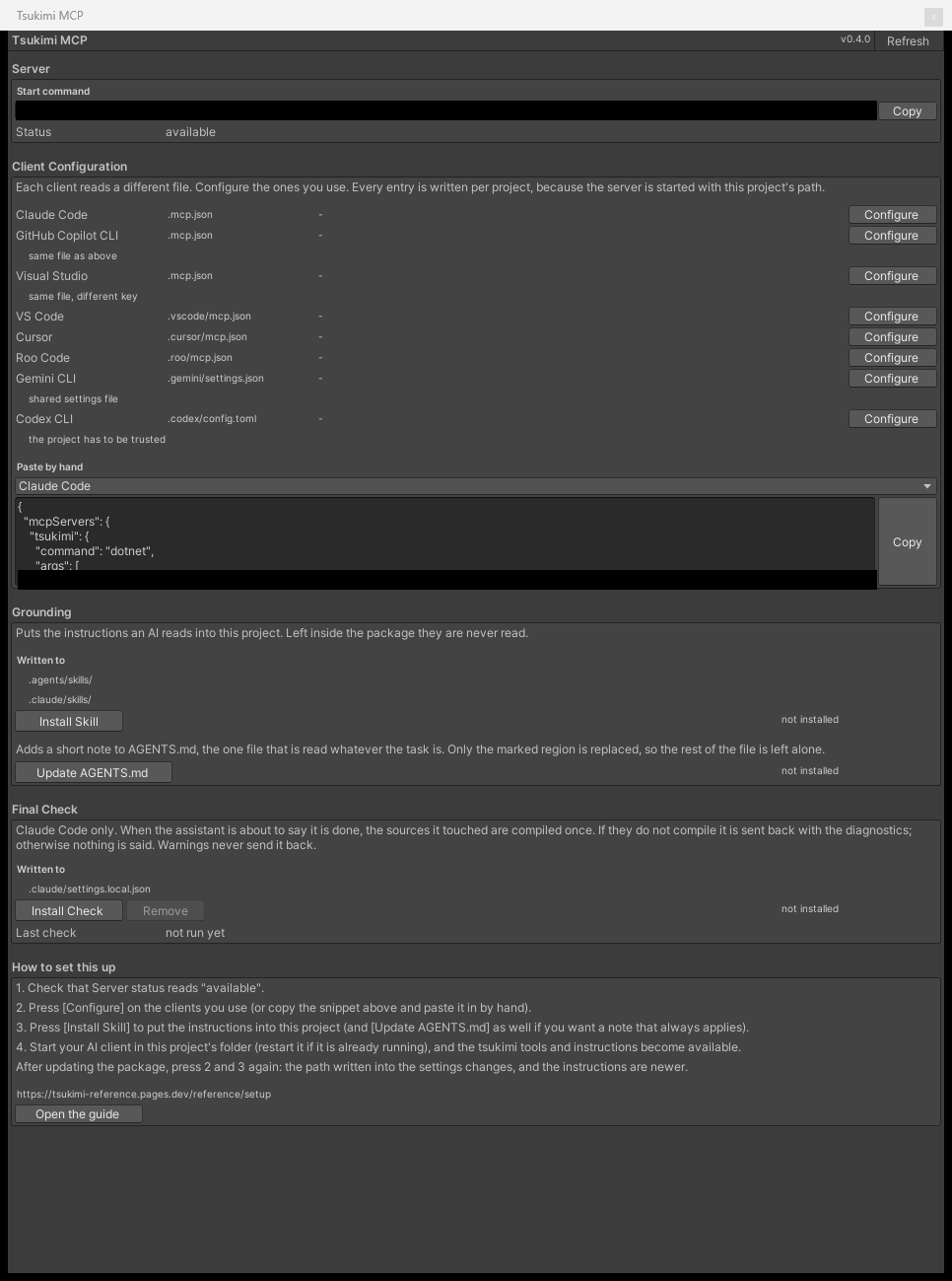 開いた直後の Tsukimi MCP。右側はまだどれも not installed