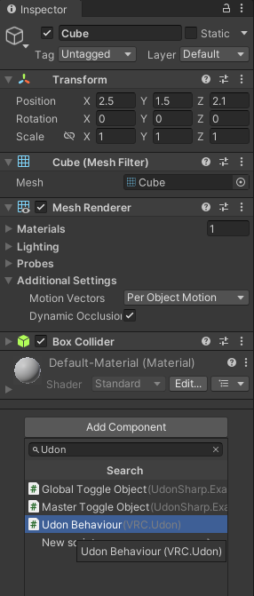 Add Component から Udon Behaviour を追加するところ